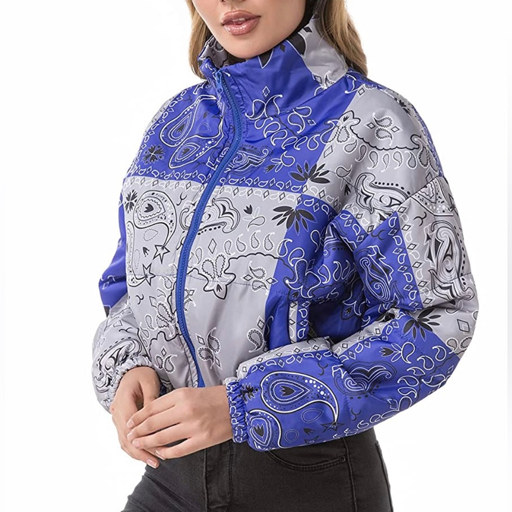 New - Blue Women's Quilted Lightweight Cropped Bandana Windbreaker Jacket - Picture 6 of 13